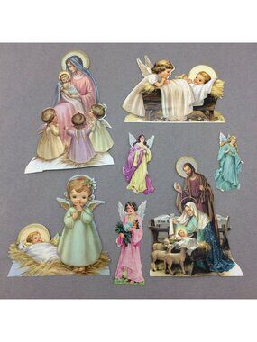 Vtg Christian Stand Up Cards & Angel Stickers Roman Catholic Christmas Nativity